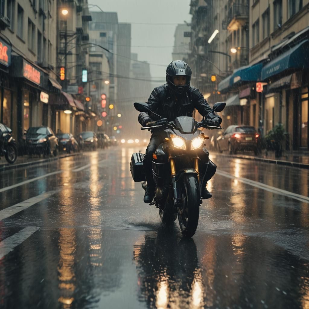 Motorcycle Rider in Rainy City Street: Cinematic Still