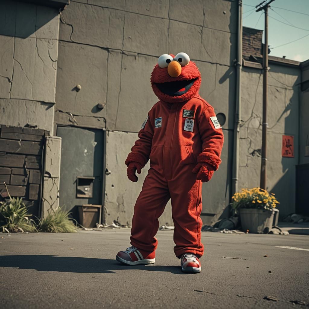 Elmo in Adidas Jumpsuit: Cinematic Film Still