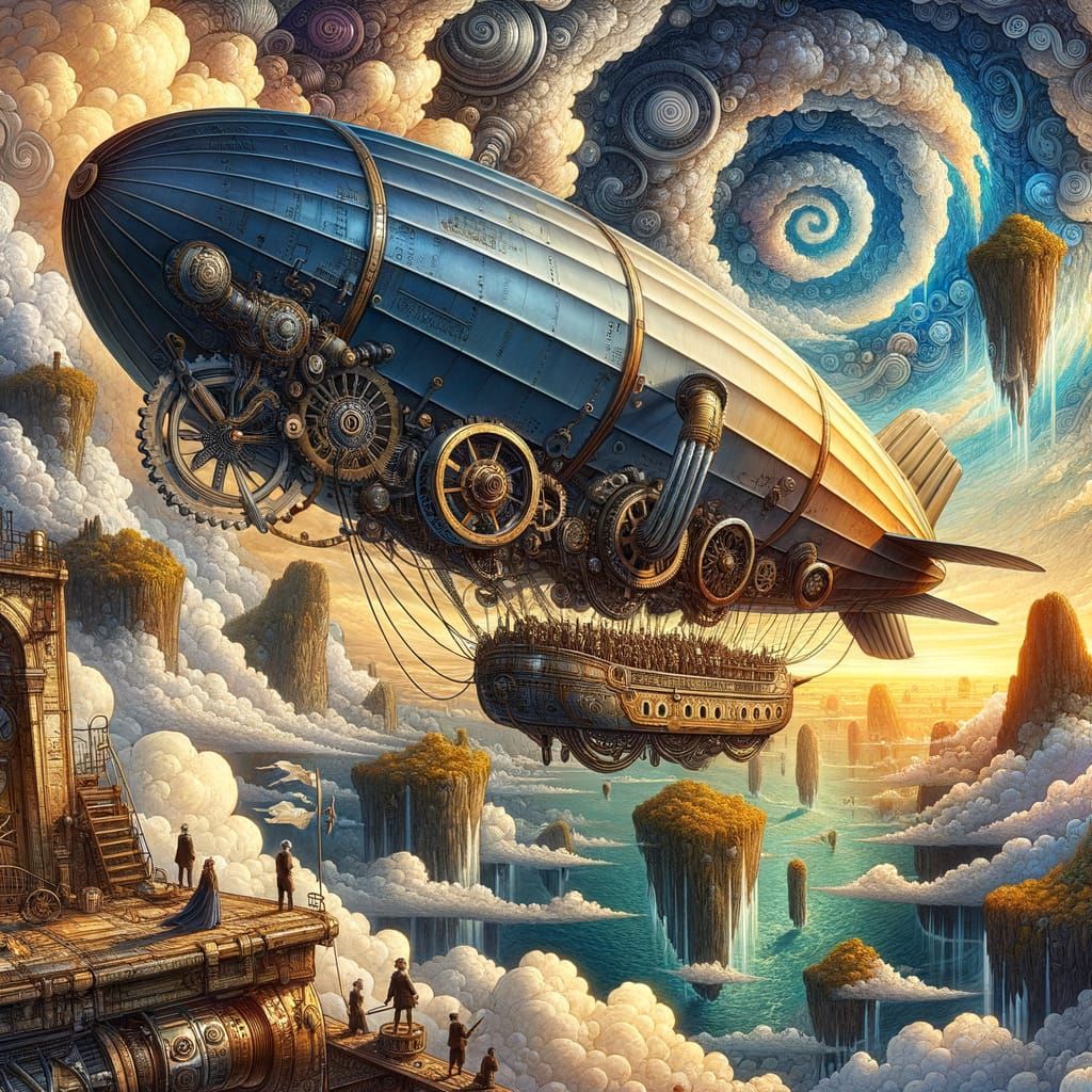 Steampunk Airship Soaring Through Floating Islands