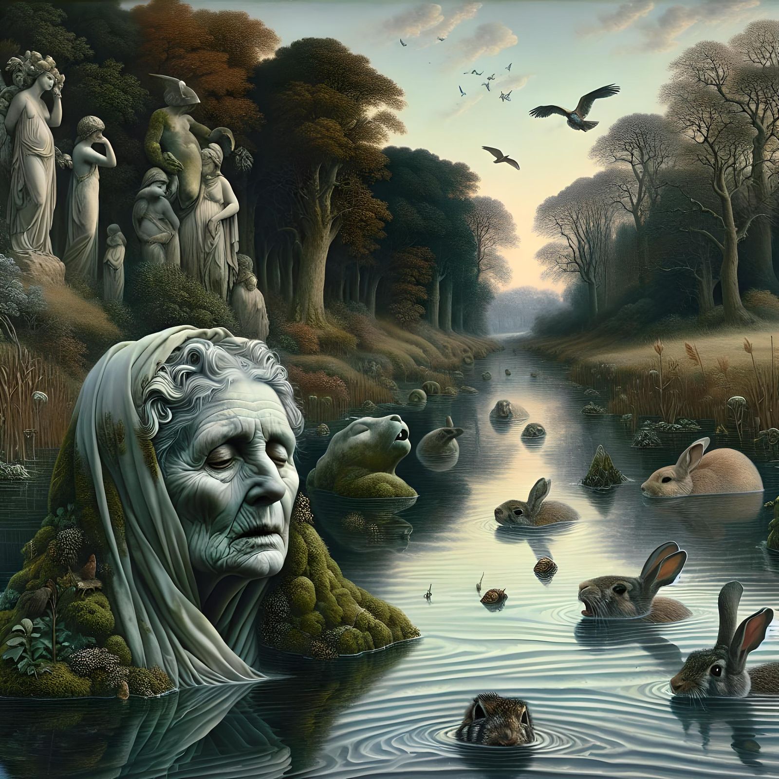 Ice River Scene with Nymphs and Wildlife