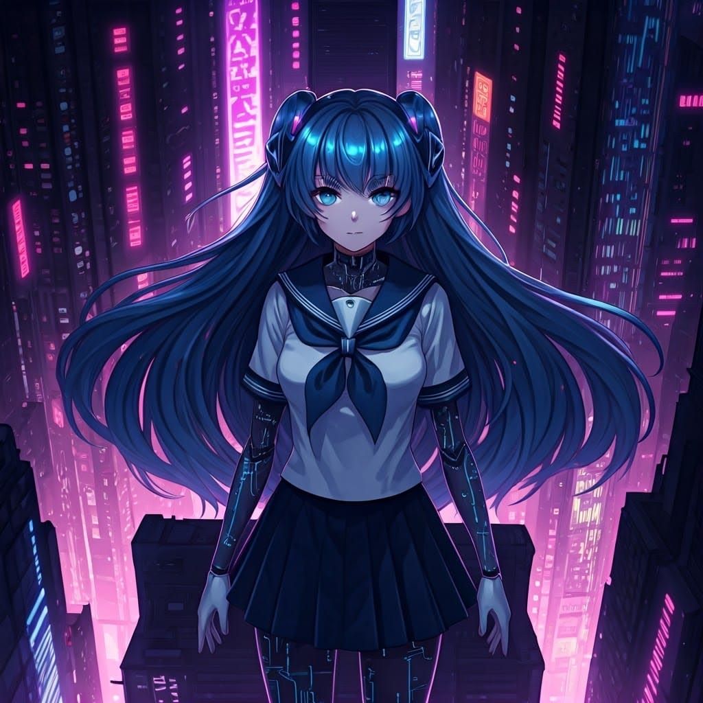 Cyberpunk Magical Girl Defies City Skies