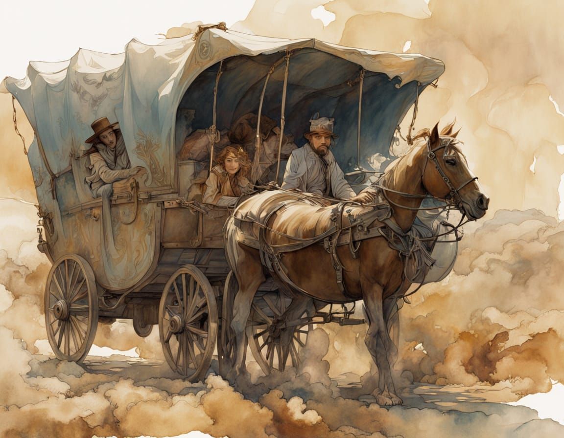 Covered Wagon Convoy on Dusty Trail