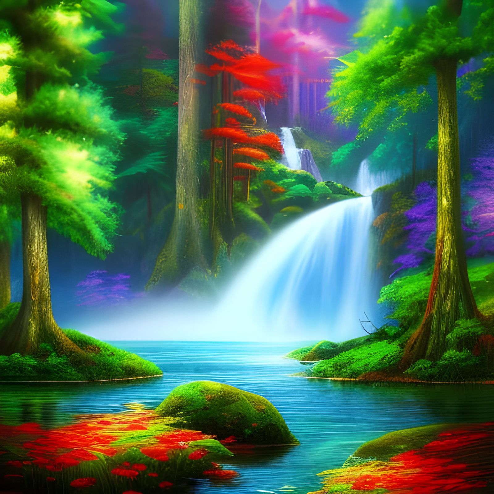 Majestic Waterfall in Lush Forest: Digital Illustration