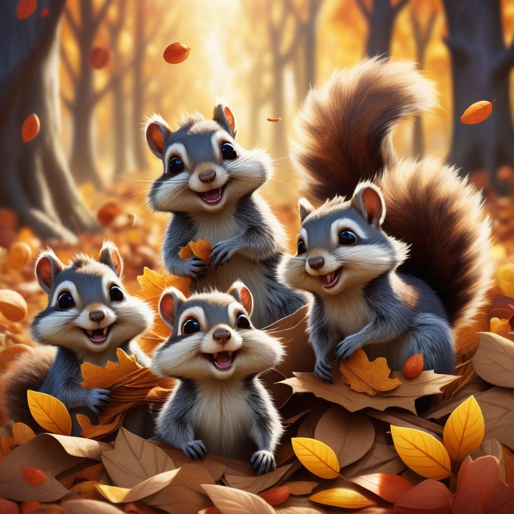 Cute Squirrels and Raccoons Play in Autumn Leaves