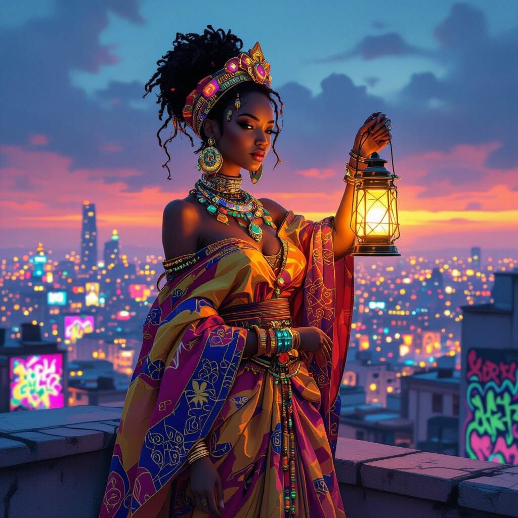 Afrofuturistic Queen Over Neon Cityscape