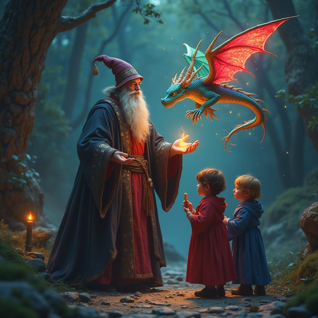 Wizard Dad Teaches Dragon Conjuring, Fantasy Concept Art