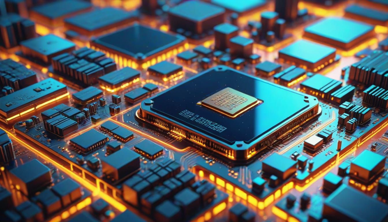 Iridescent Cityscape Inside a CPU: Photorealistic Macro View