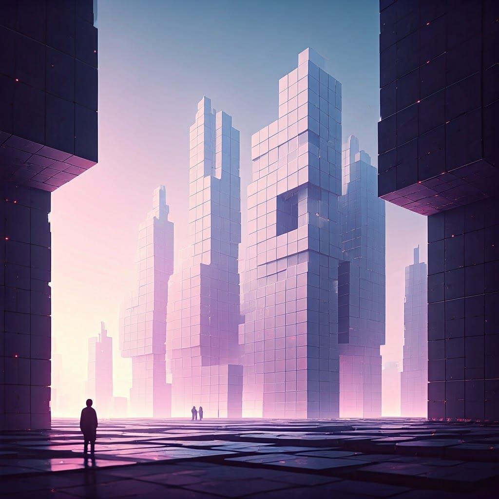 Futuristic Cityscape of Glowing Cubes at Night