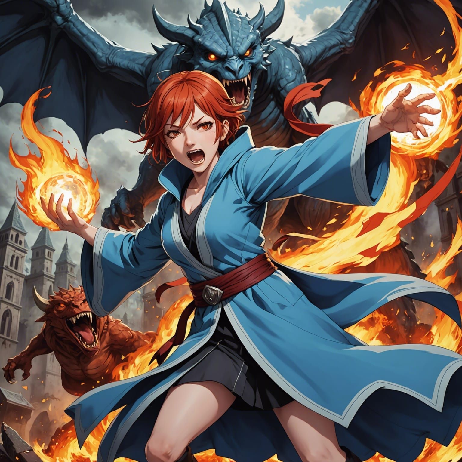 Fiery Mage vs Gargoyle in Anime Style
