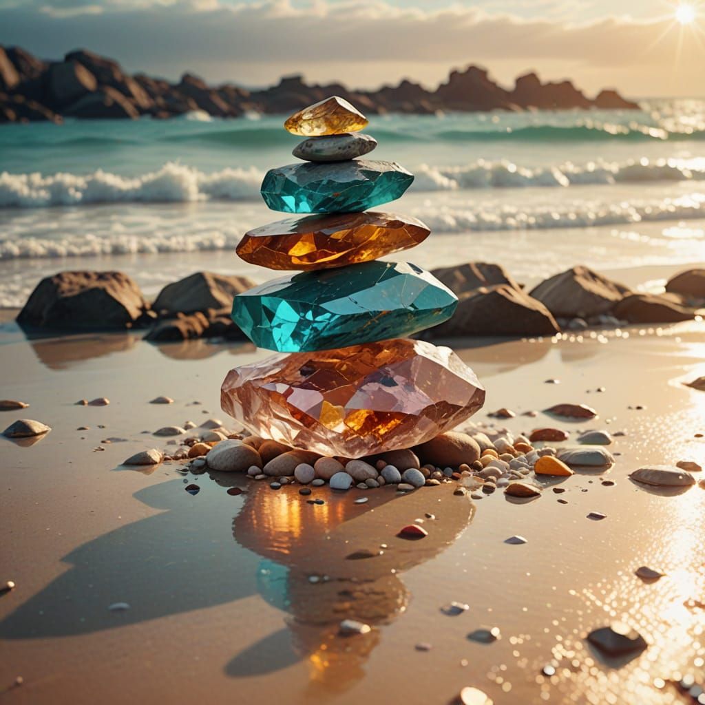 Gemstone Cairn on a Beach in Digital Art Style