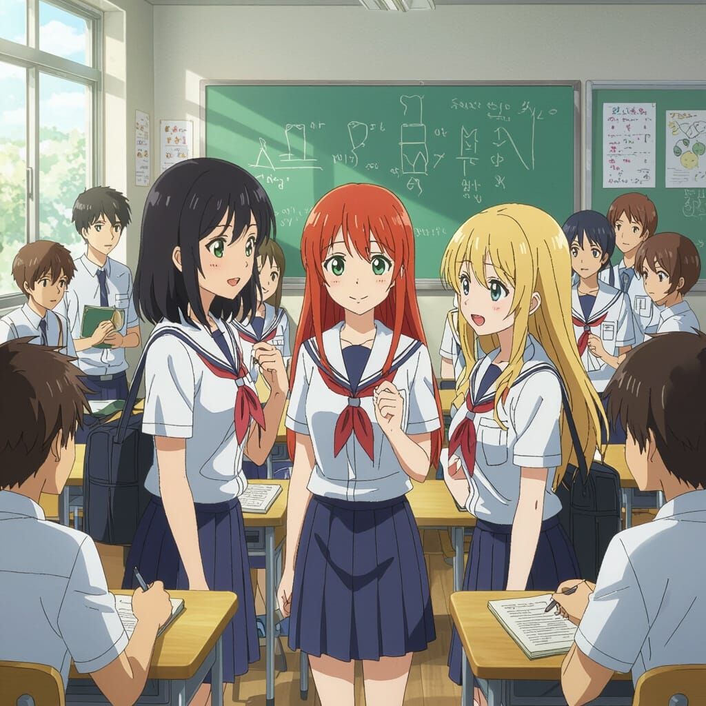 High School Girls Chatting in Anime Style Classroom