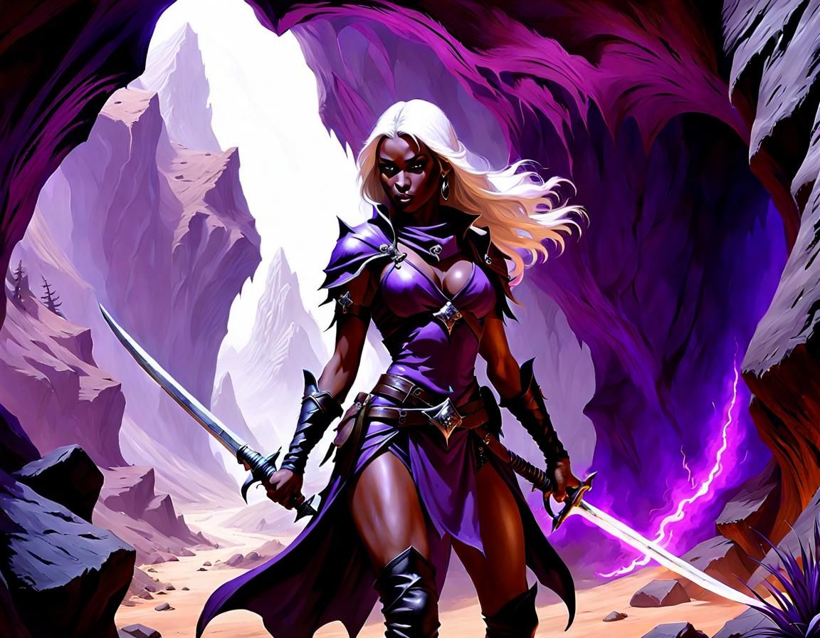 Drow Ranger Defends Cavern in Matte Painting Style