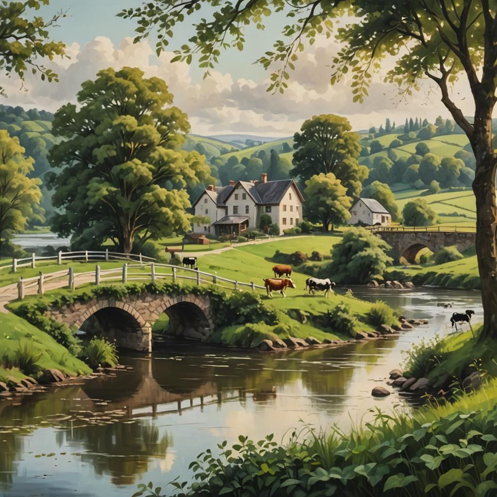 Idyllic Farmhouse Landscape with River, Oil Painting