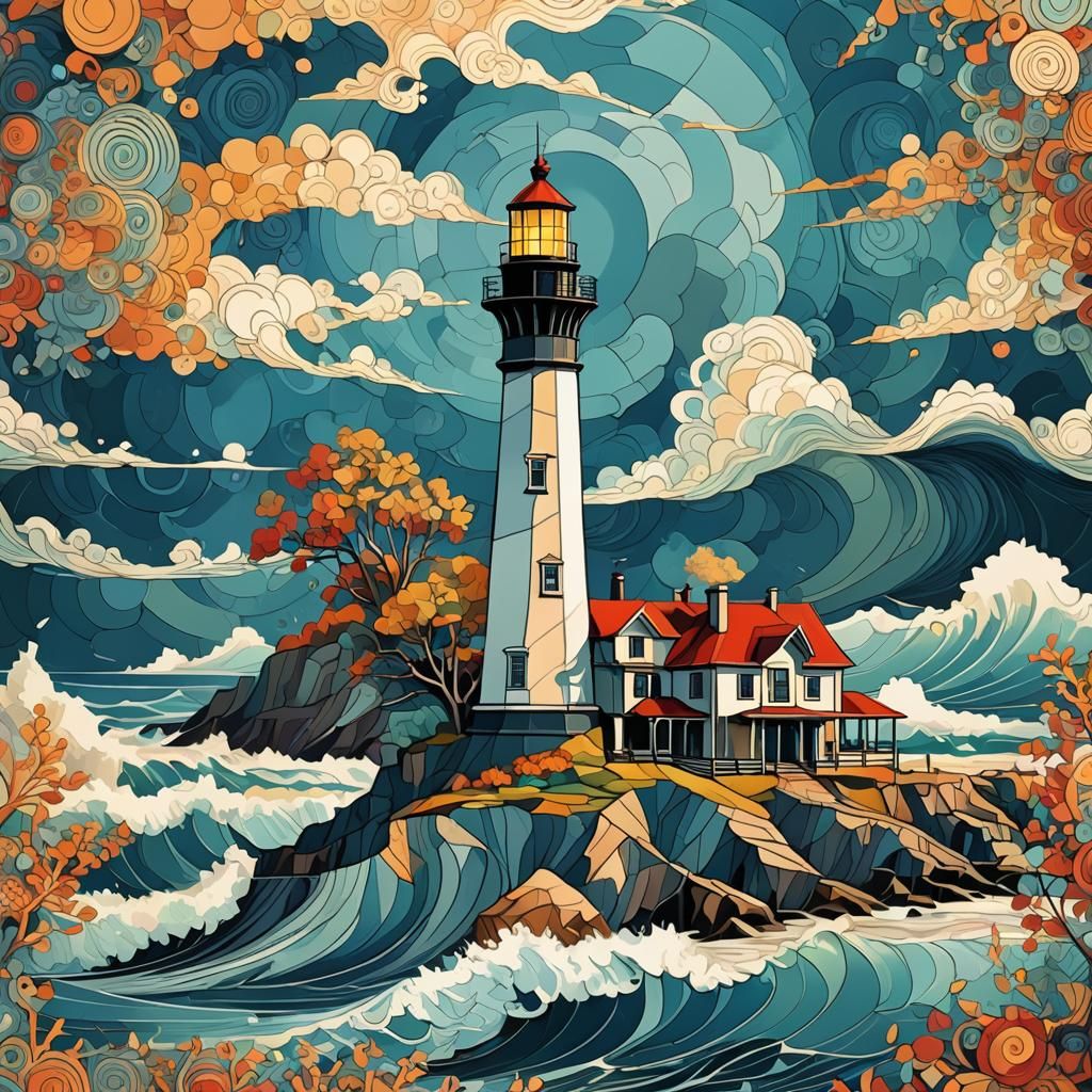 Abstract Lighthouse Painting in Cubist Art Deco Style