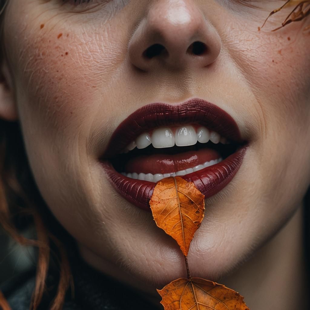 Autumnal Close-Up: Woman with Leaf in Mouth