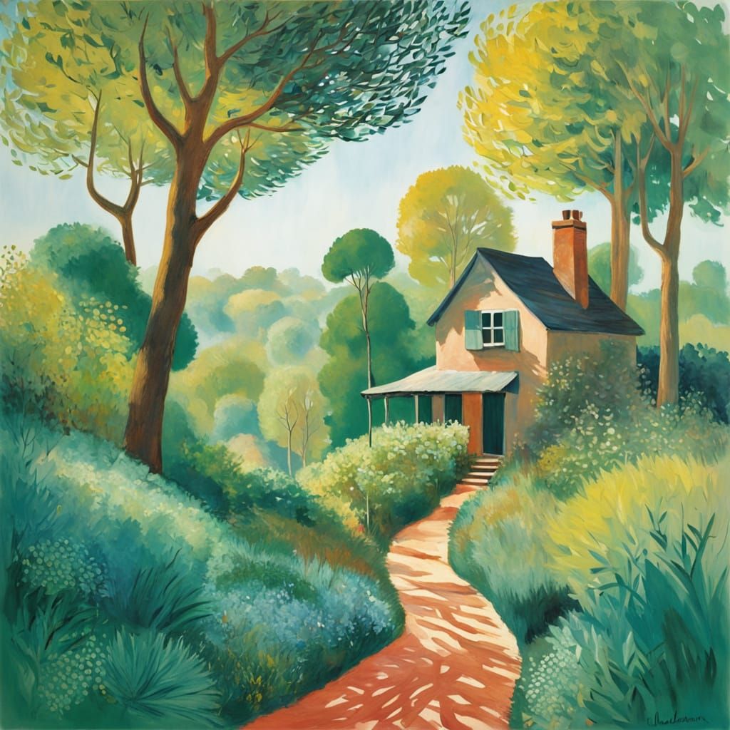 Impressionist Treehouse Scene in Whimsical Watercolor Style