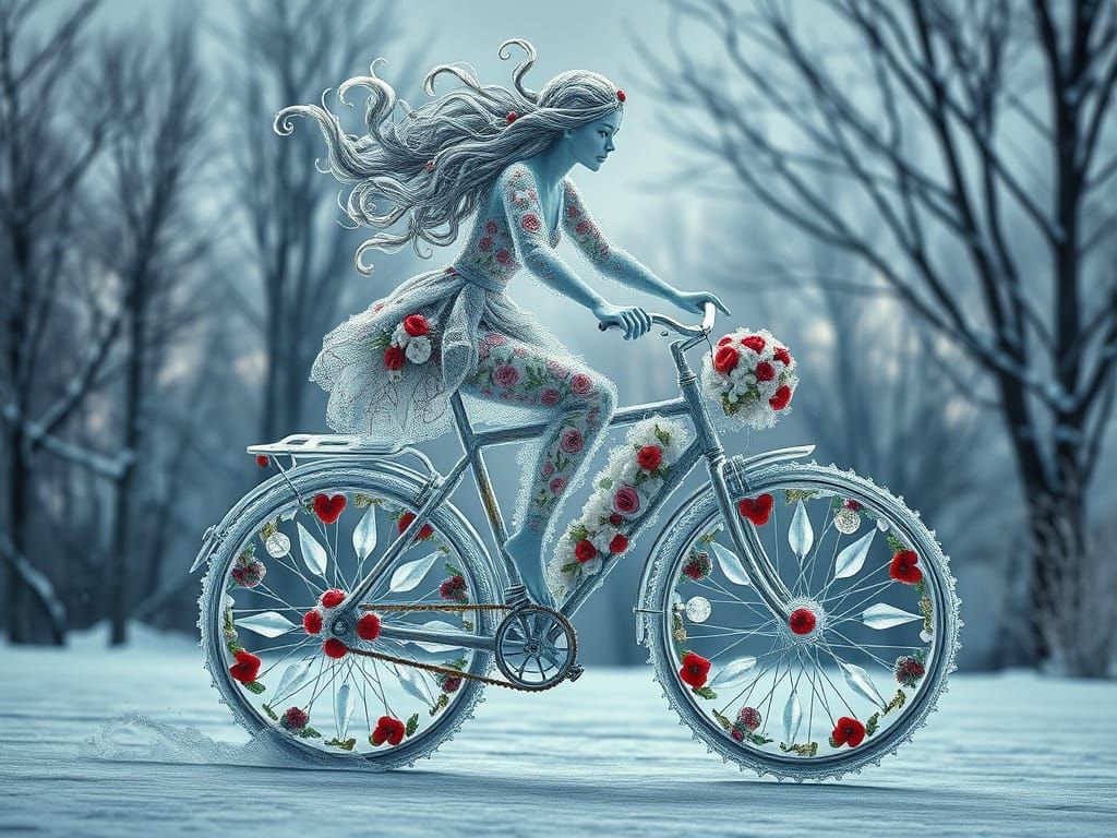 Whimsical Floral Ice Rider Soars on Bicycle Through Winter L...