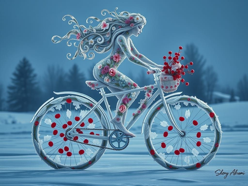 Ethereal Floral Ice Figure Rides Bicycle in Whimsical Winter...