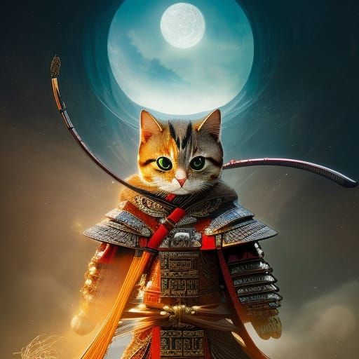 Chibi Samurai Cat in Traditional Japanese Style