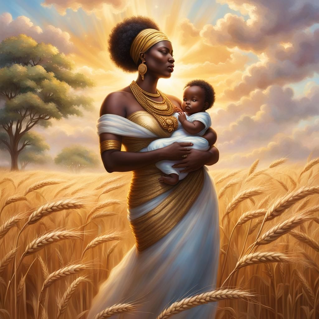 African Queen Goddess with Baby in Wheat Field