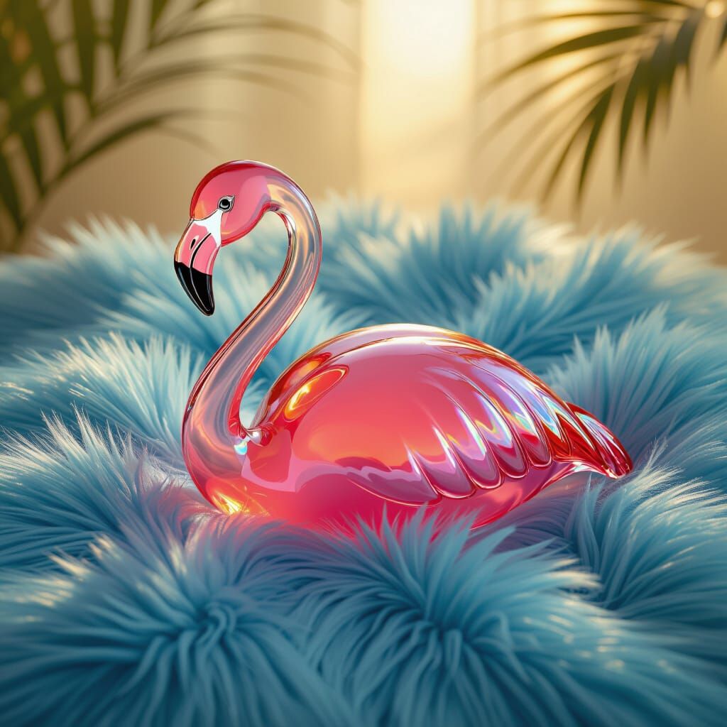 Glossy Blown Glass Flamingo on Tropical Fur
