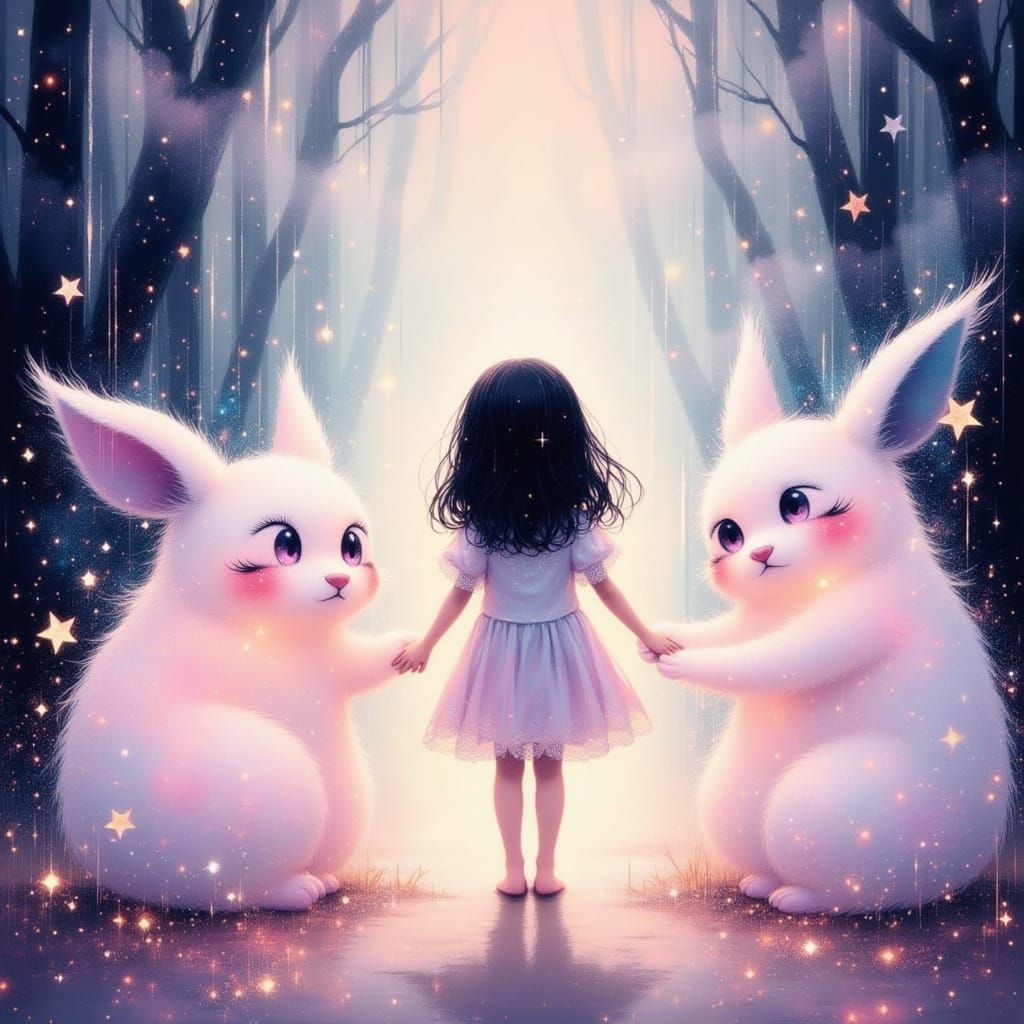 Whimsical Fairytale Child with Cuddly Glowing Guardians
