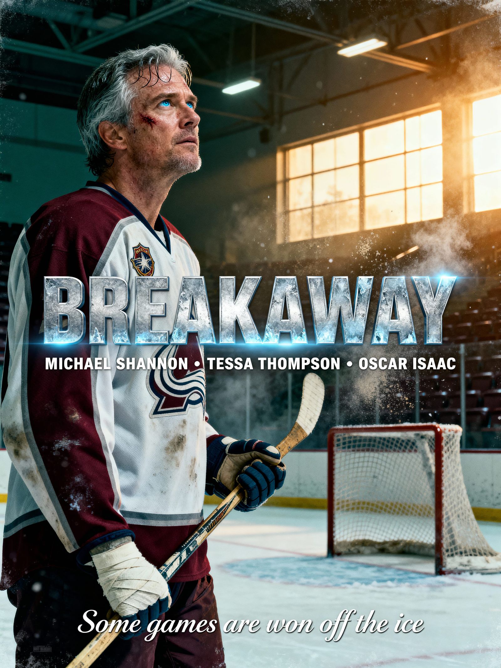 Weathered Hockey Player in Dramatic Arena Lighting