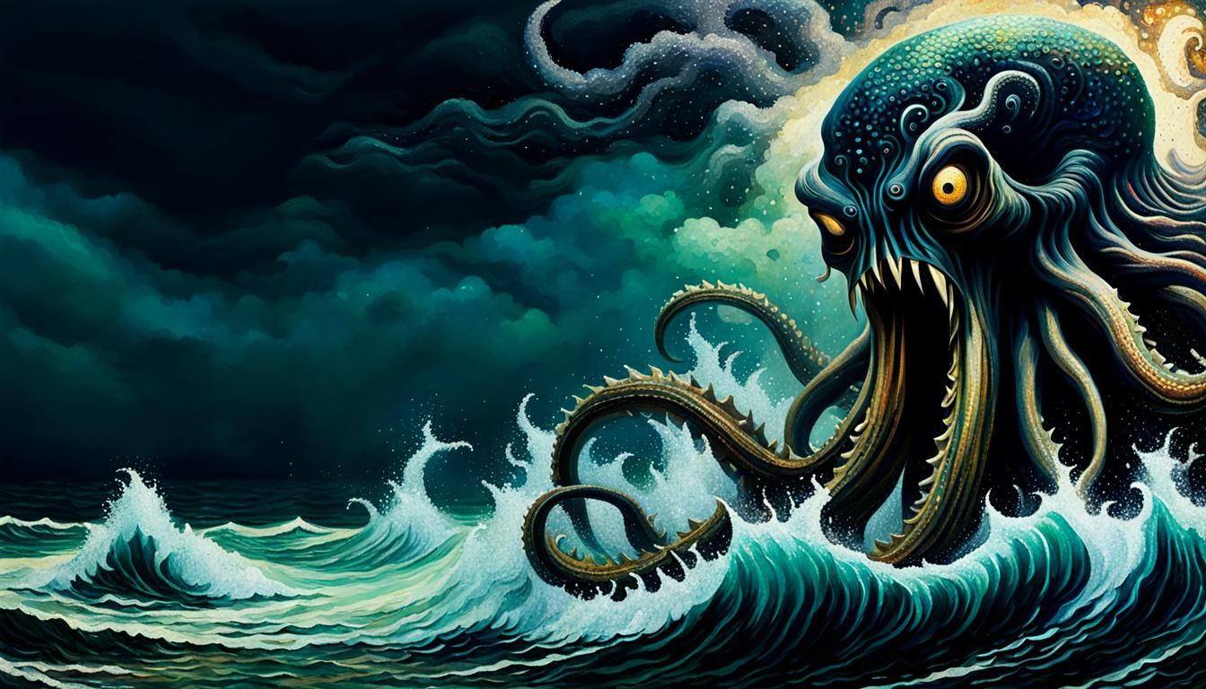 Kraken Horror Scene in Pointillist Style