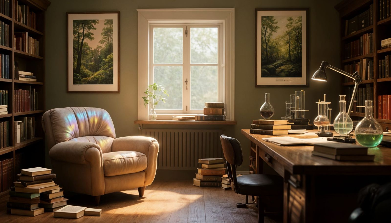 Cozy Science Study Room with Library and Soft Chair