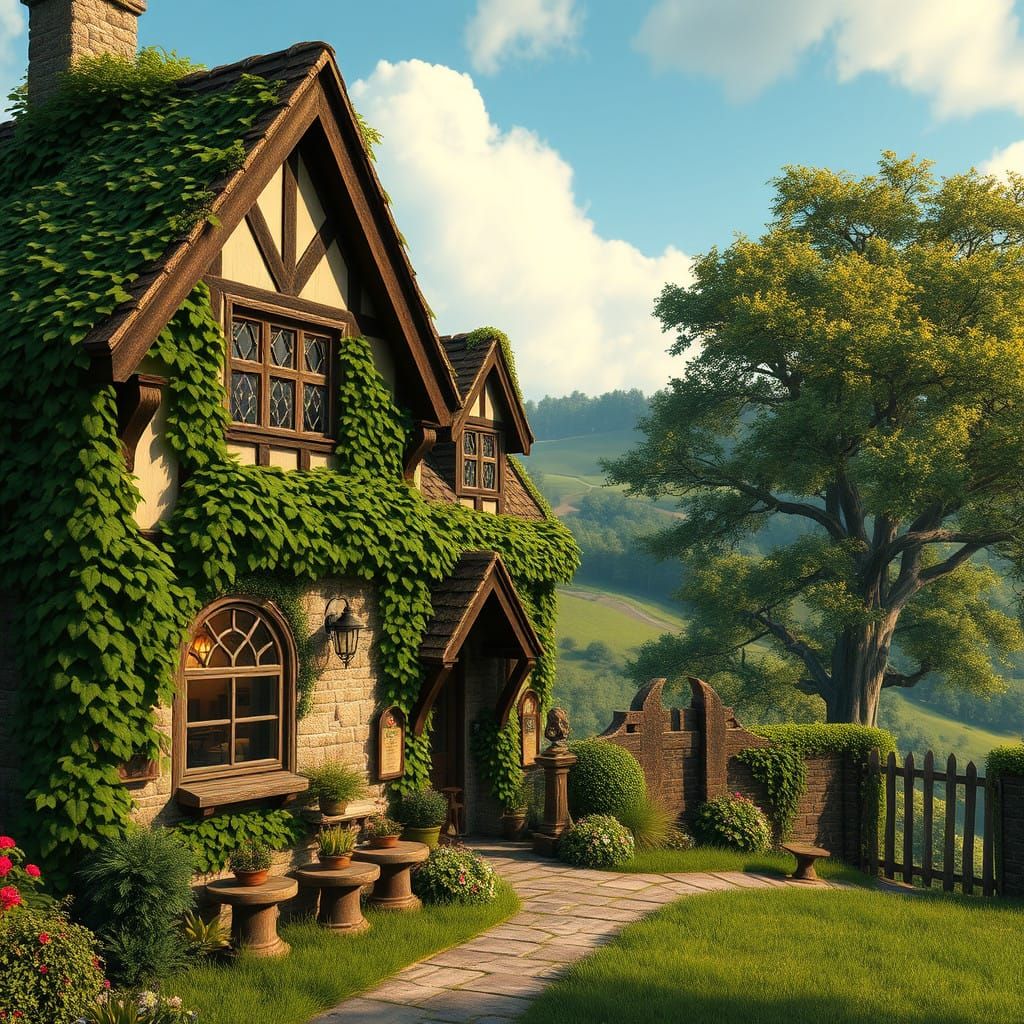 Whimsical Tudor Cottage in Enchanted Landscape