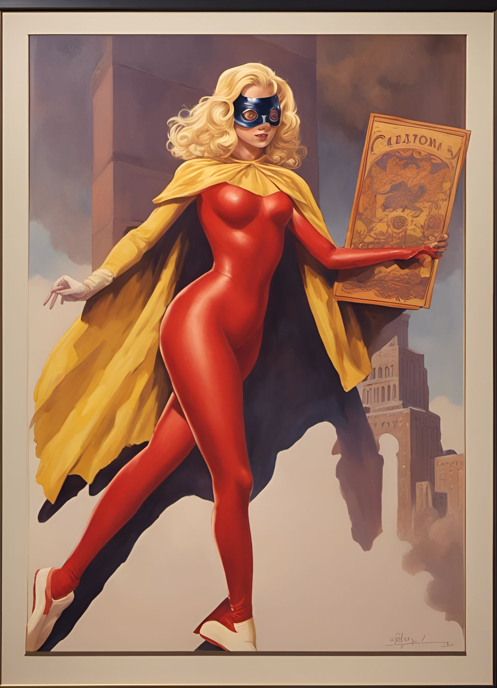 Blonde Heroine with Sign in Retrofuturist Action Painting
