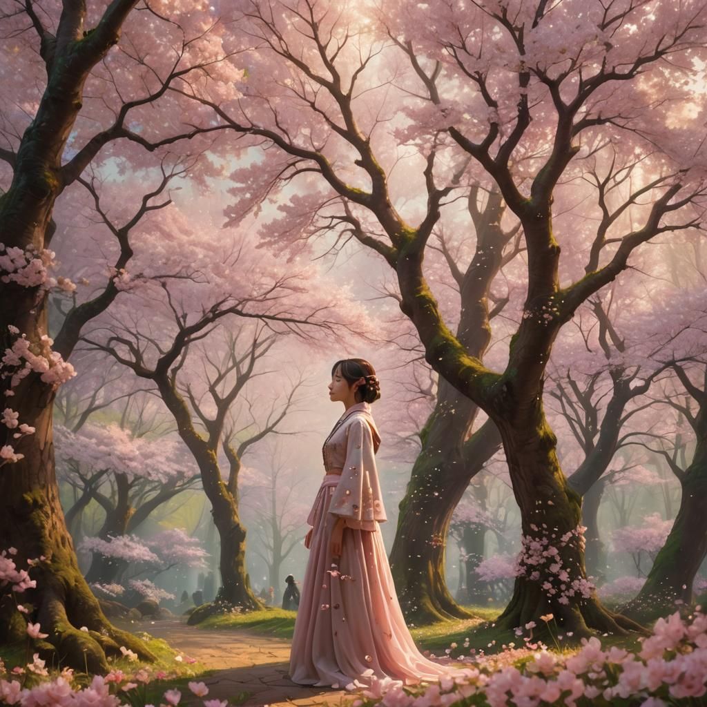 Ethereal Cherry Blossom Forest in Graphical Realism Style