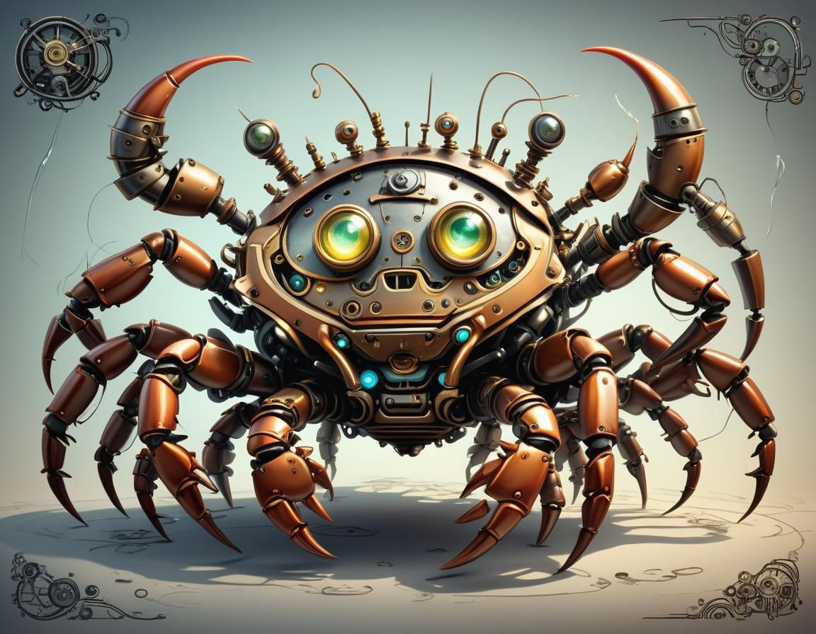 Steampunk Mechanical Crab Caricature with Volumetric Lightin...