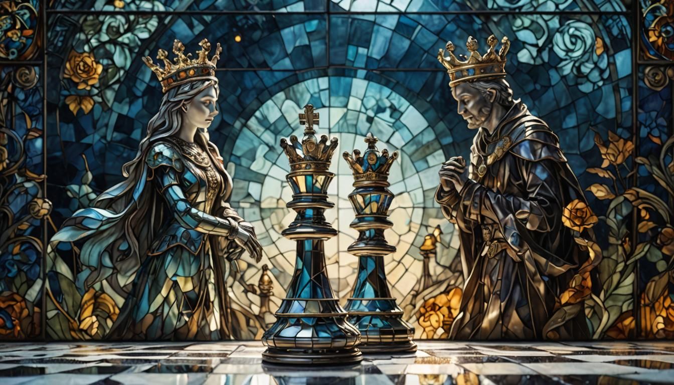 Stained Glass Chess Pieces in Eerie Sunlight
