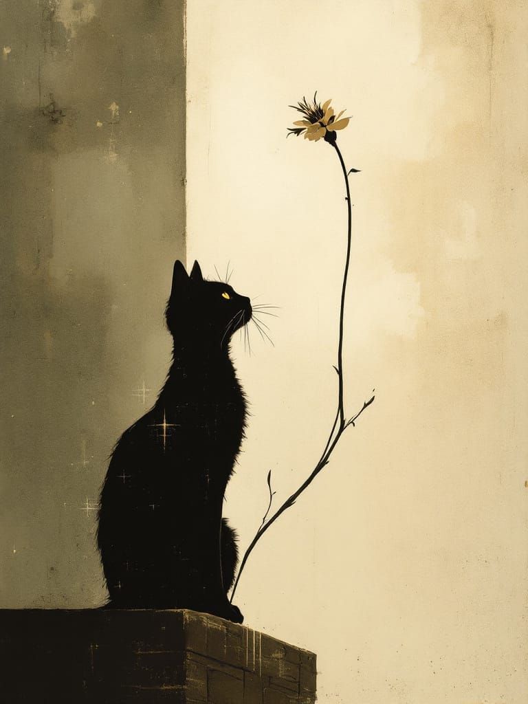 Cat and Flower: Luminous Tones Meet Graphic Precision