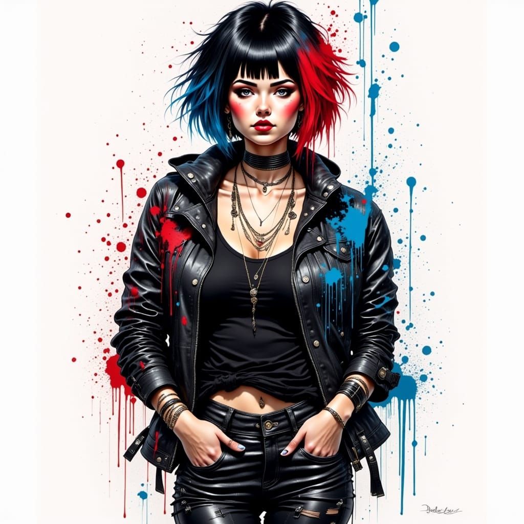 Grungepunk Woman in Ink Illustration Style