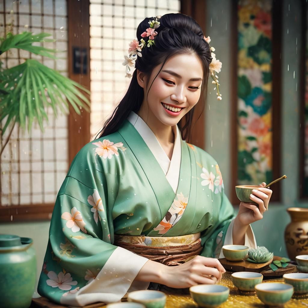 Joyful Woman Dancing in Summer Rain, Fantasy Art