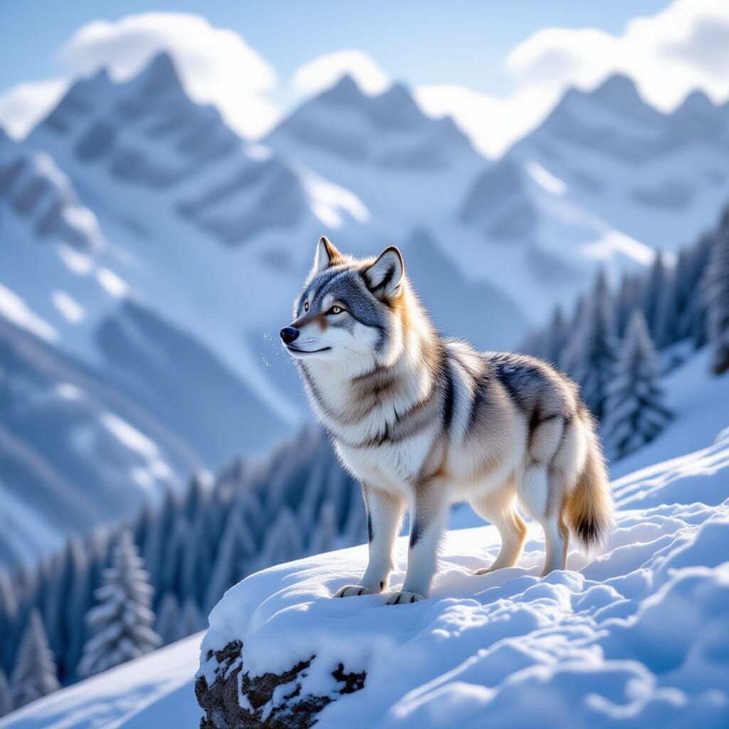 Cute Wolf on Snowy Mountain in Golden Light