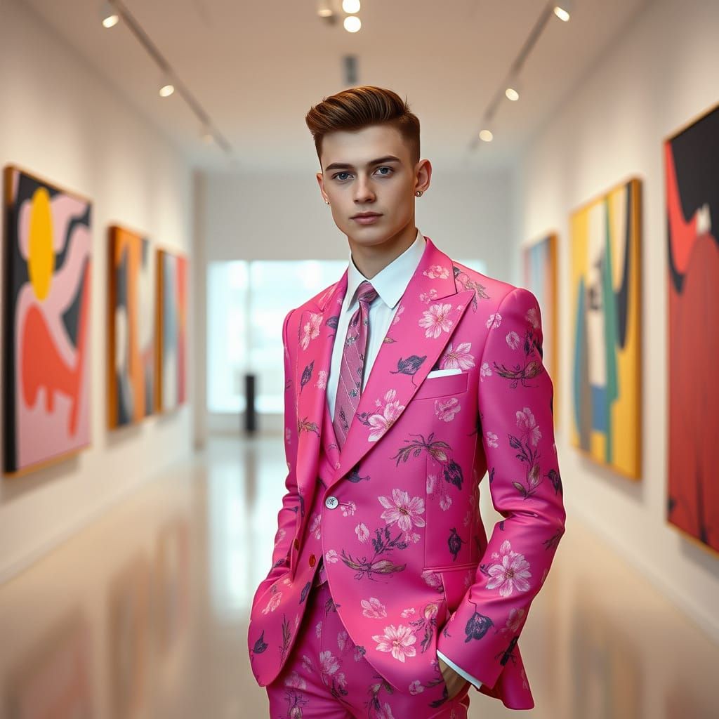 Confident Man in Vibrant Pink Floral Suit