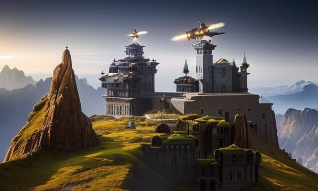 Futuristic Mountain Fortress in Dystopian Landscape