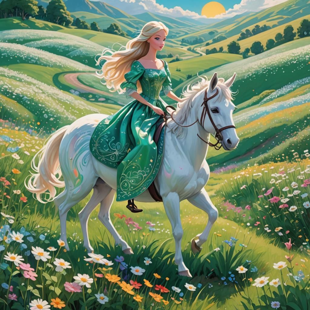 Barbie Doll on Donkey in Emerald Field, Miyazaki Style