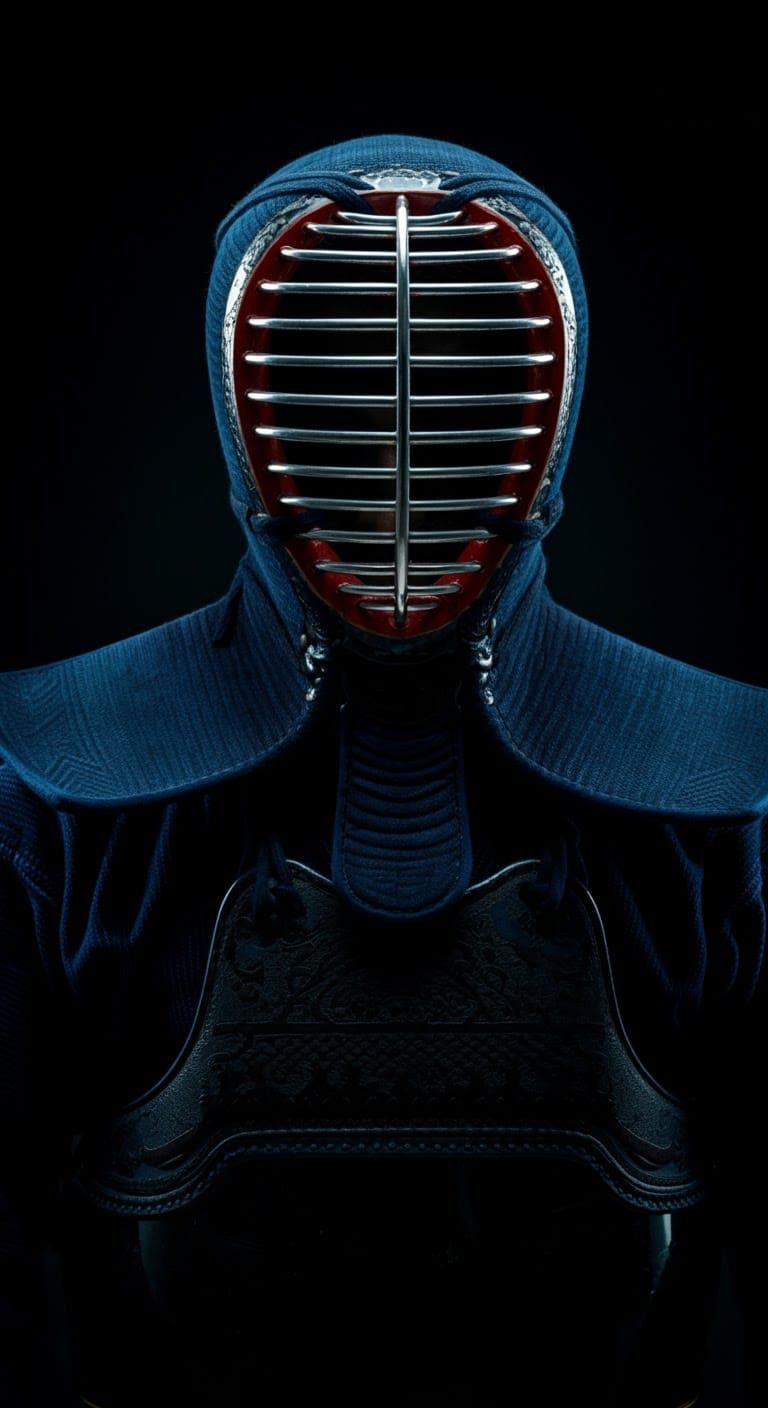Intense Kendo Fighter Glares from Behind Traditional Helmet