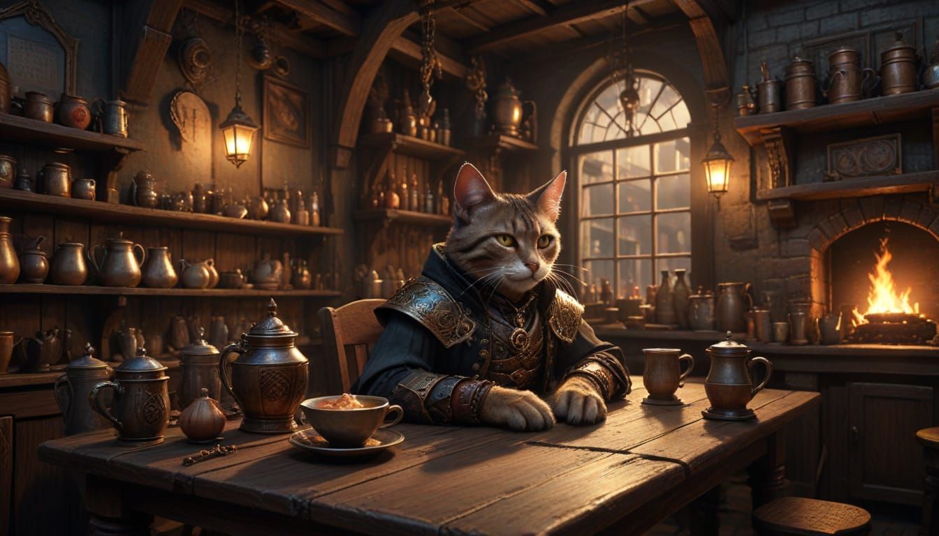 Tabaxi Warlock in Victorian Steampunk Attire in Tavern