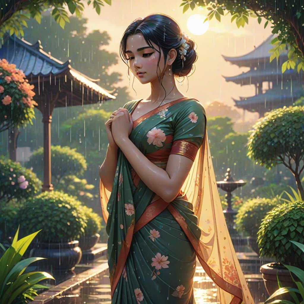 Girl in a Vibrant Saree Dances in Rainy Garden at Sunrise