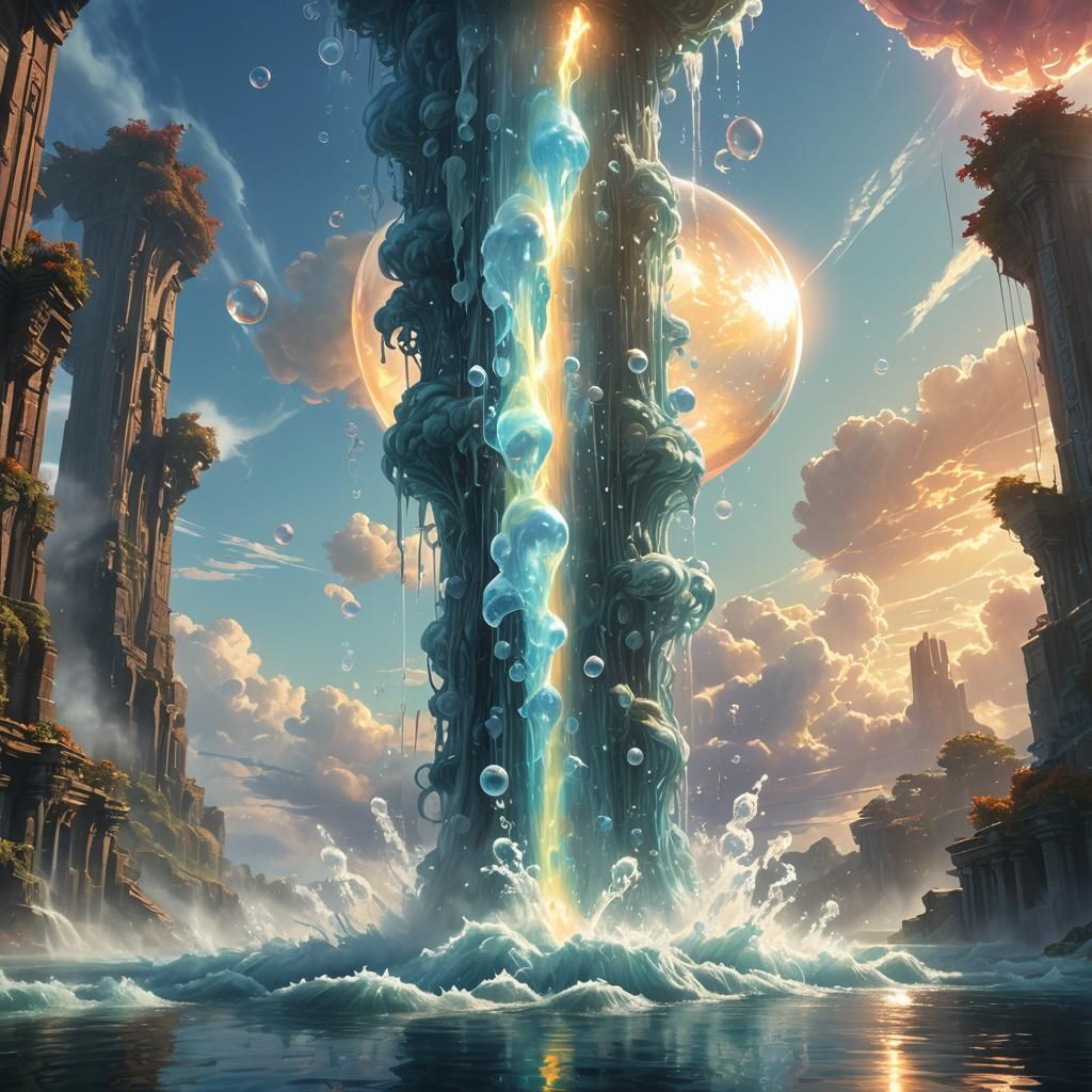 Epic Water Pillar Supports Sky Bubble in Digital Art