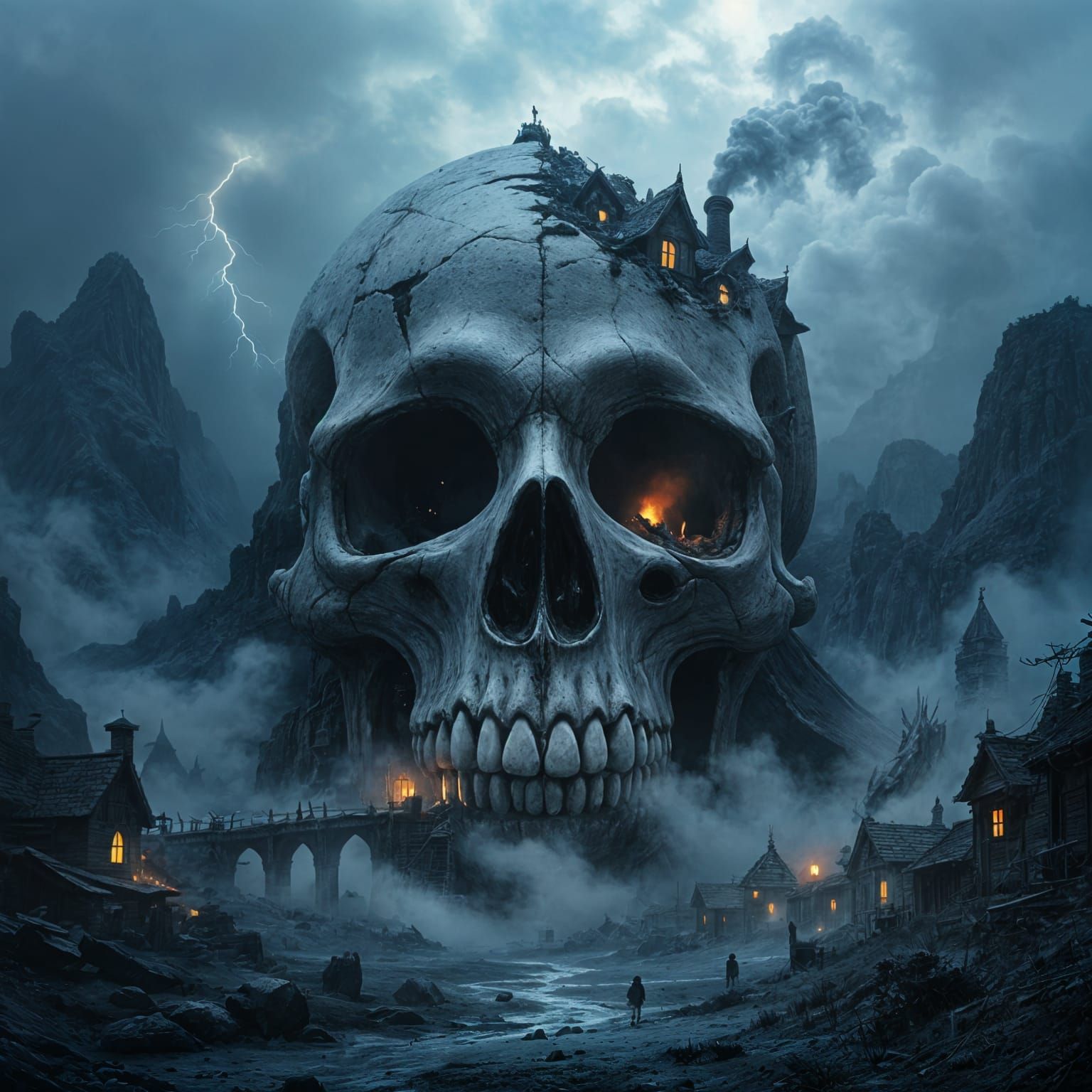 Ancient Monster Skull Settlement in Gothic Horror Landscape