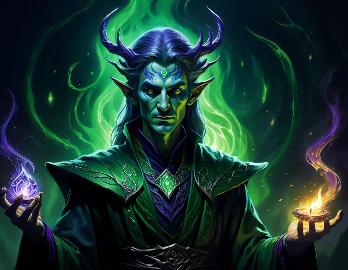 Elvish Warlock Casting Dark Ritual in a Cell-Shaded Style