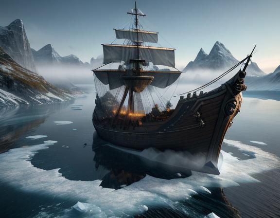 Viking Longship on Icy Waters in 3D Game Art