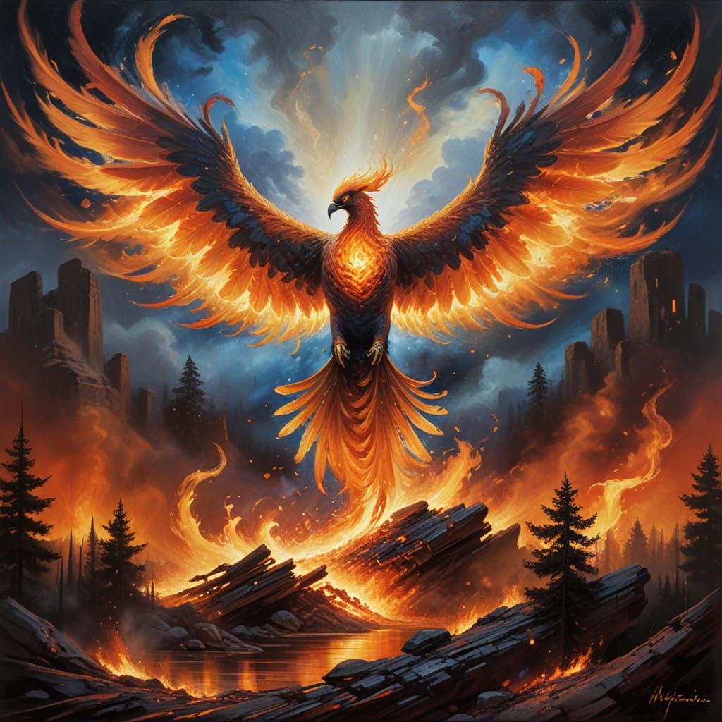 Phoenix Rising from Ashes as Impasto Oil Painting