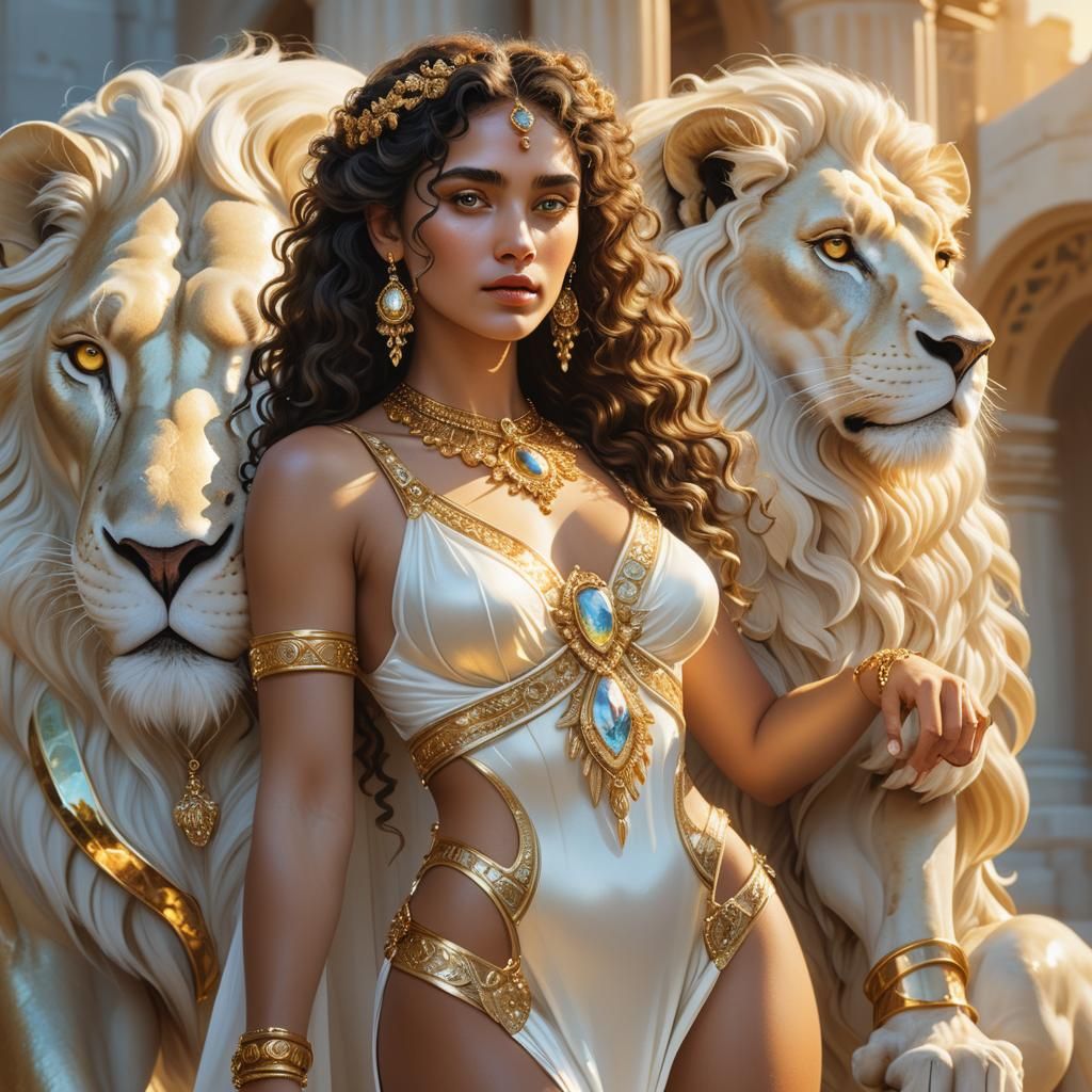 Goddess with Lion in Golden Hour Light